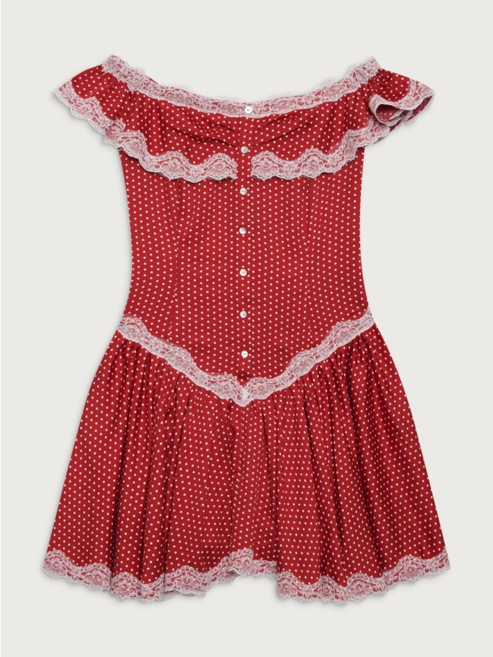 Frankie's Bikinis Red Polka Dot Off-Shoulder Mini Dress with White Lace